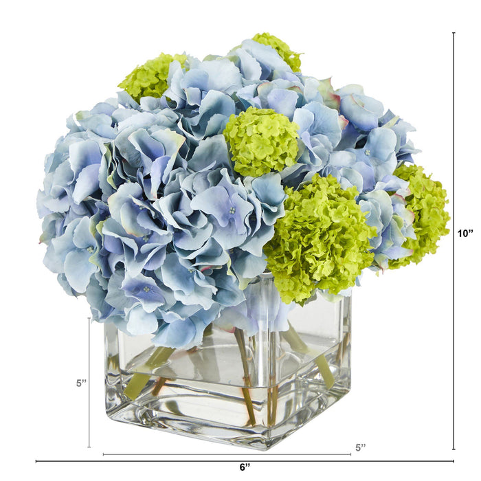 10” Hydrangea Artificial Arrangement in Glass Vase