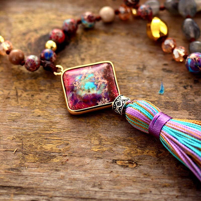 108 Natural Japers & Labradorite Beads Mala Necklace with Geometric Pendant
