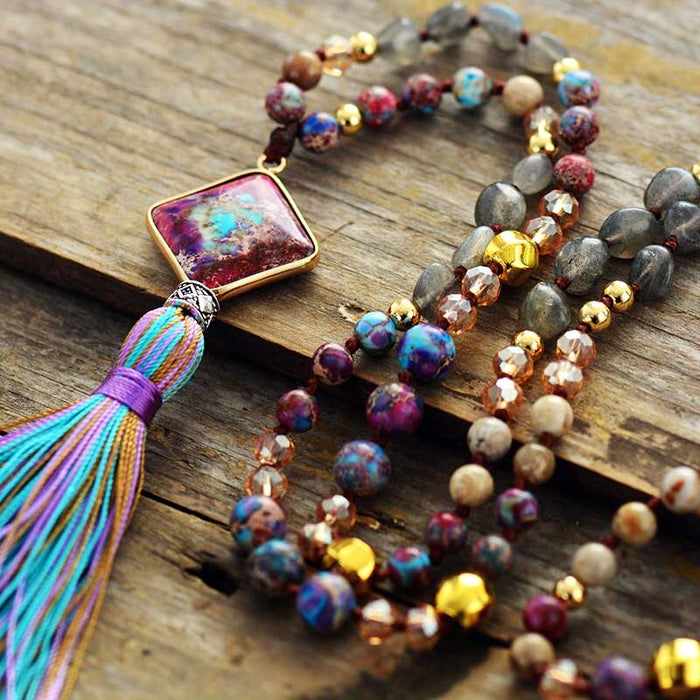 108 Natural Japers & Labradorite Beads Mala Necklace with Geometric Pendant