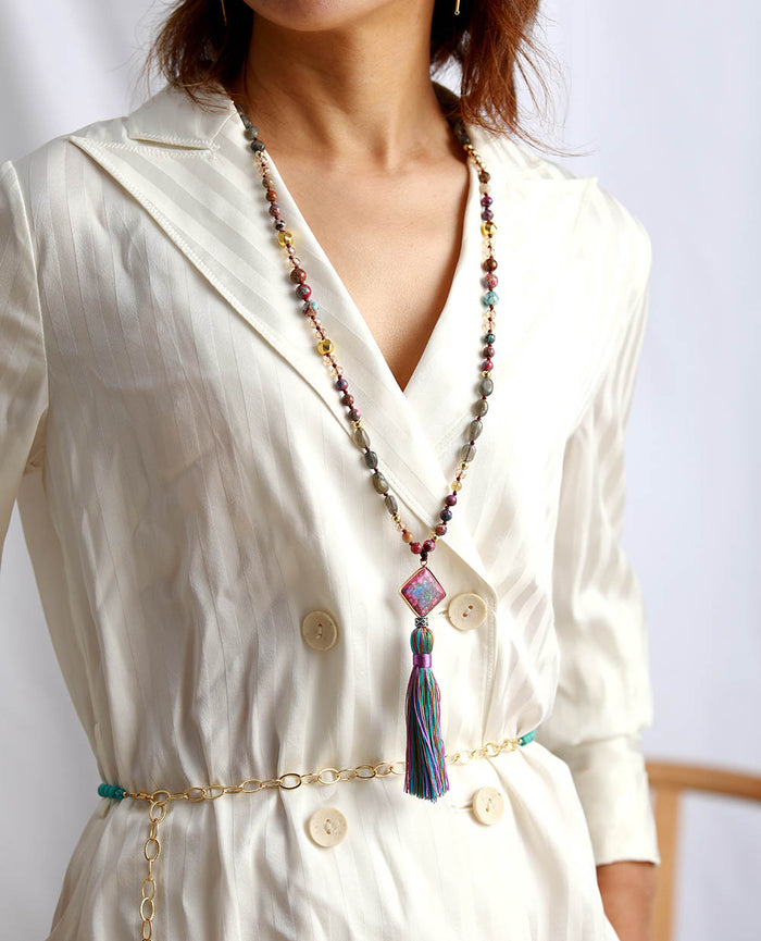 108 Natural Japers & Labradorite Beads Mala Necklace with Geometric Pendant