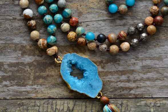 108 Natural Jasper Druzy & Pyrite Bead Mala Necklace