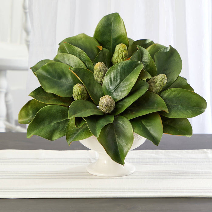 11” Magnolia Artificial Bud Plant in White Pedestal