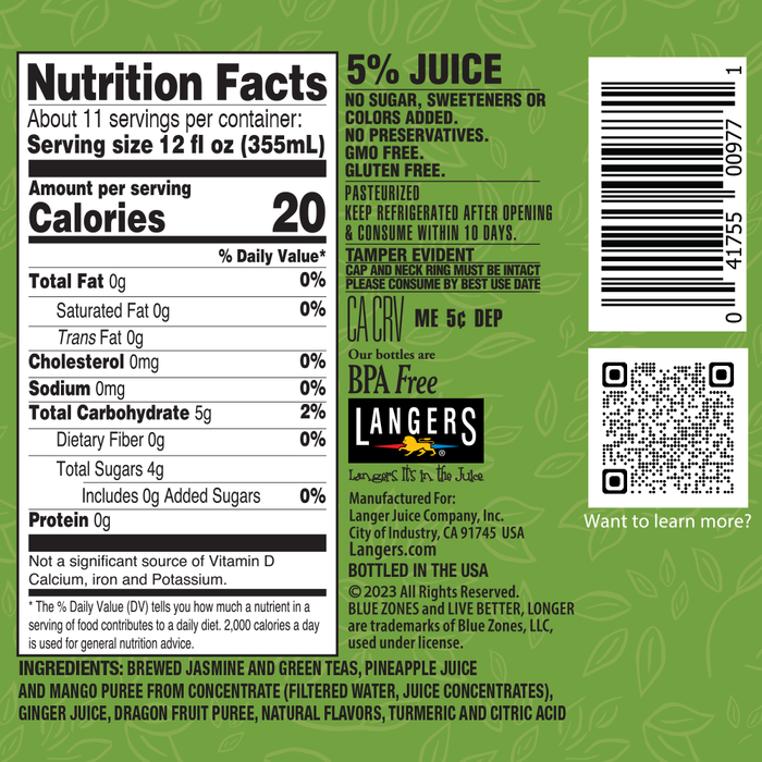 128oz Blue Zones Unsweetened Green & Jasmine Tea