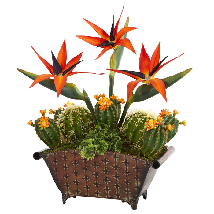 21” Bird of Paradise and Cactus Artificial Plant in Metal Planter