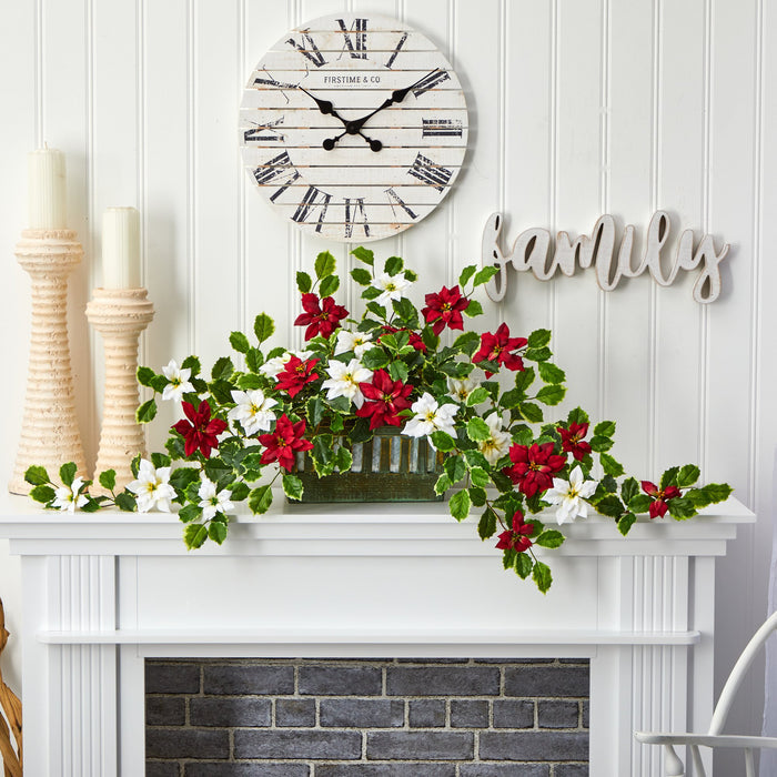 39” Poinsettia and Variegated Holly Artificial Plant in Decorative Planter (Real Touch)