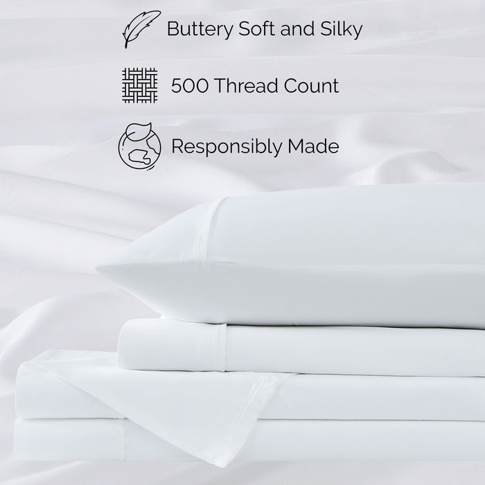 Stacked white 500-thread-count Tencel sheets showing sateen finish; overlay text reads 500 Thread Count