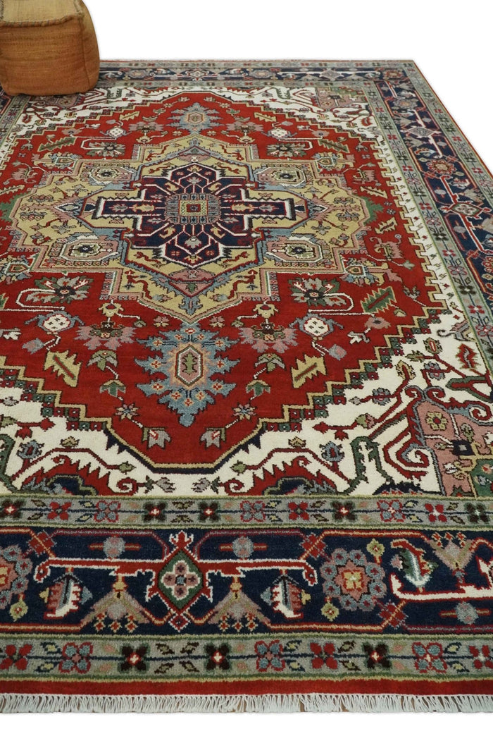 8x10 and 9x12 Hand Knotted Brown, Mustard, Ivory and Blue Traditional Wool Area Rug - The Rug Decor