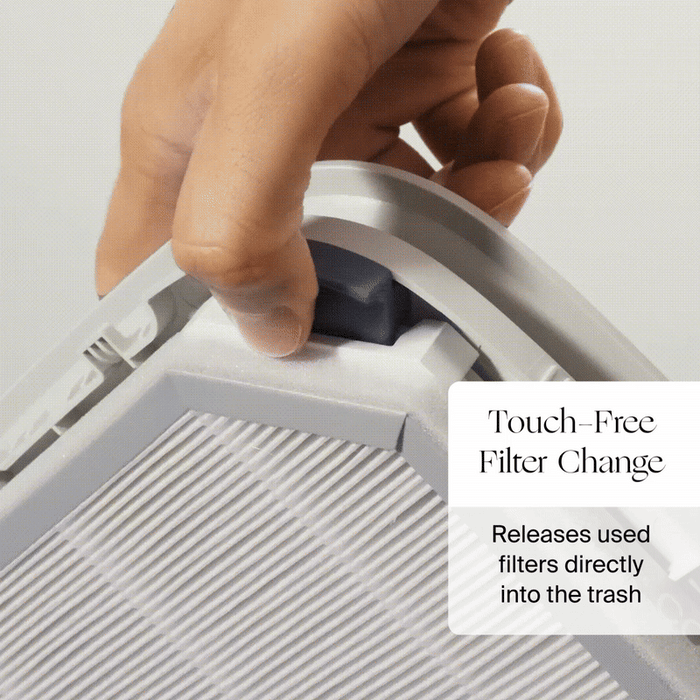 Bedside Air Purifier |  lifestyle, touch-free filter changes; releases used filters directly into the trash