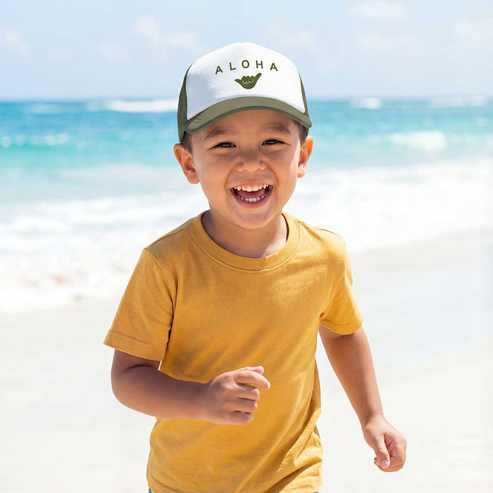Aloha Shaka Army Green Keiki Trucker Hat