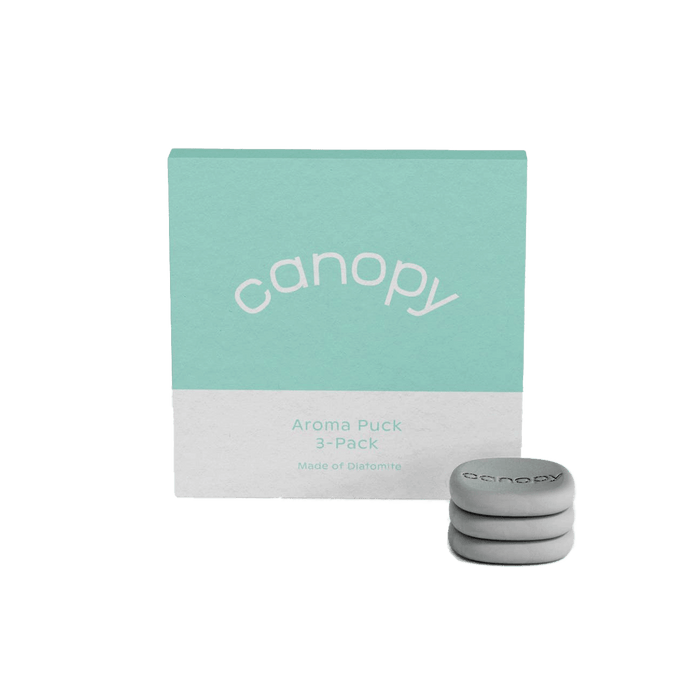 Aroma Stone 3-Pack by Canopy featuring three gray circular diffuser stones displayed beside mint green and white product packaging for essential oil aromatherapy use
