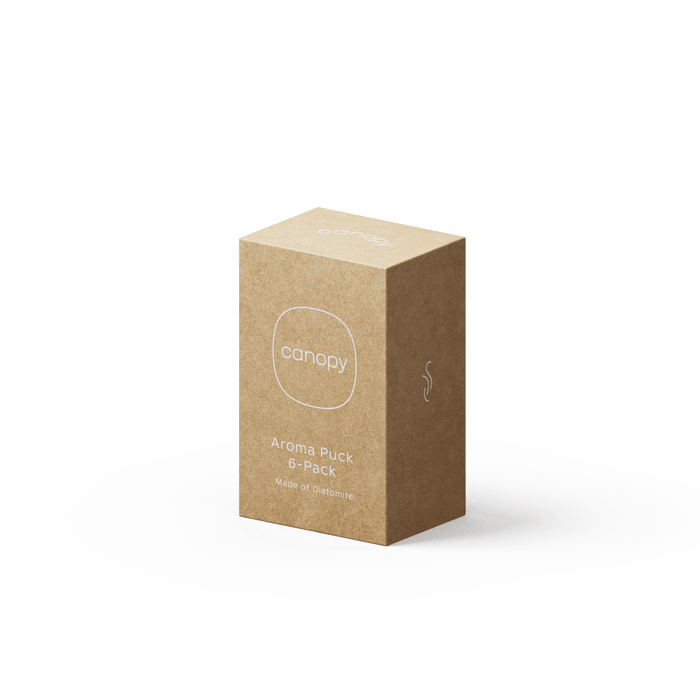 Aroma Stone 6-Pack eco-friendly kraft paper packaging box featuring the Canopy brand logo and product name in minimalist white text design, with a subtle steam icon indicating aromatherapy use