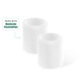 Bedside Humidifier Filter 2-Pack: Two cylindrical white antimicrobial replacement filters with honeycomb texture pattern, designed for efficient water filtration and evaporation. Text bubble indicates compatibility with Bedside Humidifier model.