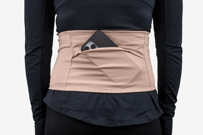 Model Back view, showing back flap pocket with phone inside