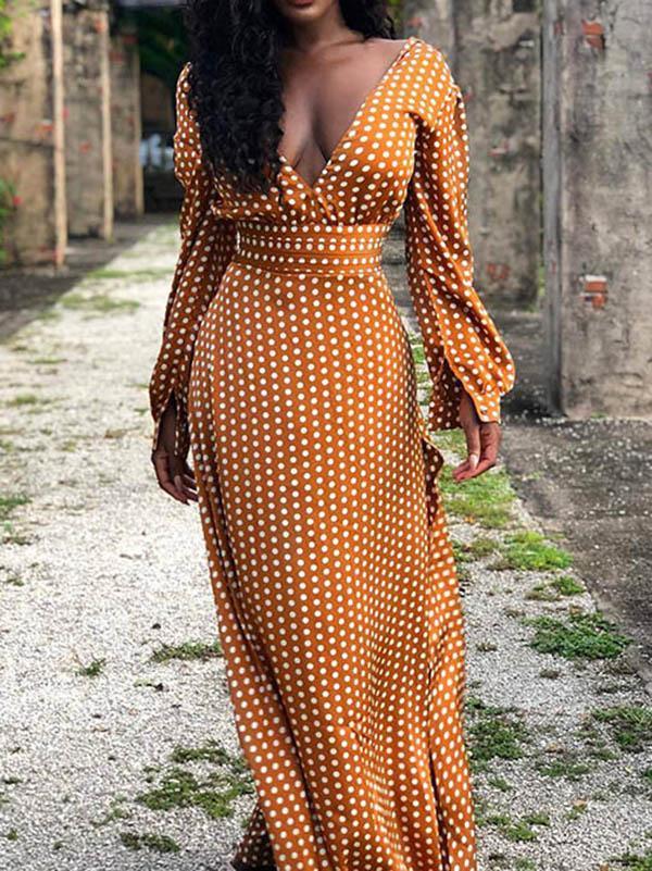 Belt Polka-dot V-neck Long Sleeve Maxi Dress
