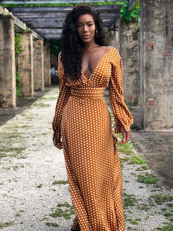 Belt Polka-dot V-neck Long Sleeve Maxi Dress