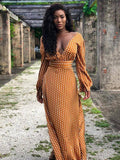 Belt Polka-dot V-neck Long Sleeve Maxi Dress