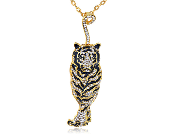Black Enamel Stripe Tiger Pendant Necklace - ALILANG.COM
