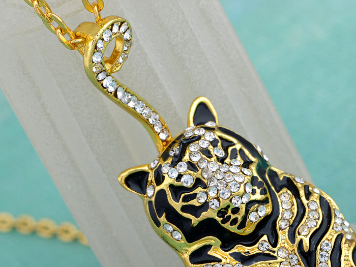 Black Enamel Stripe Tiger Pendant Necklace - ALILANG.COM