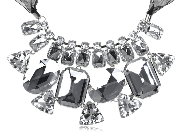 Black Gems Mesh Fabric Ribbon Bib Necklace - ALILANG.COM