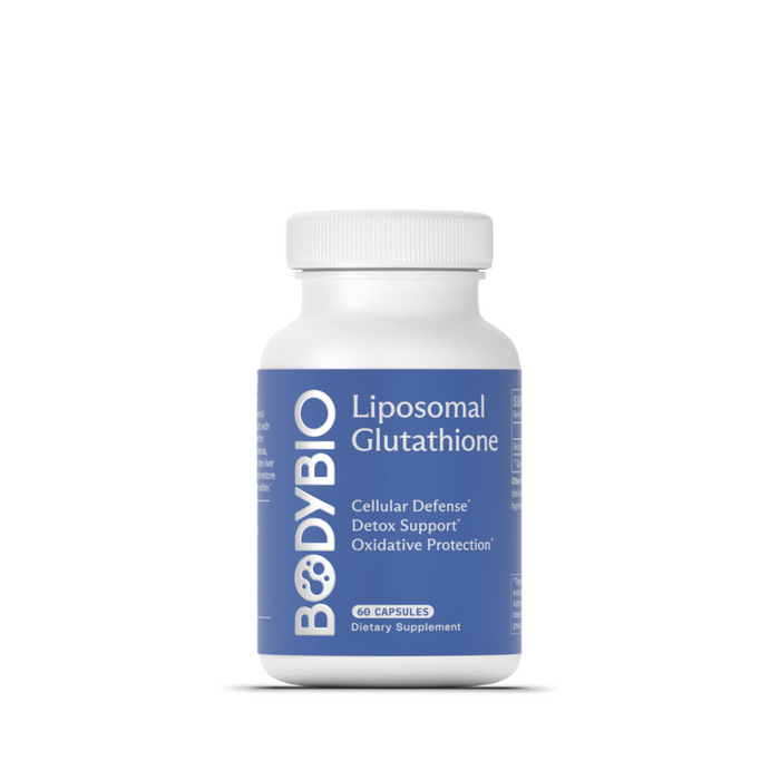 BodyBio Liposomal Glutathione supplement bottle with blue label, featuring cellular defense, detox support, and oxidative protection, 60 capsules.