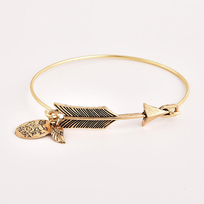 Boho Retro Golden Arrow Leaf Feather Drill Chain Bracelet Set