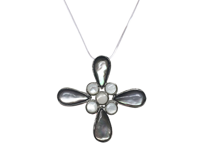 Cat Eye Flower Cut Out Petals Milky Center Cross Pendant Necklace - ALILANG.COM