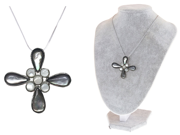 Cat Eye Flower Cut Out Petals Milky Center Cross Pendant Necklace - ALILANG.COM