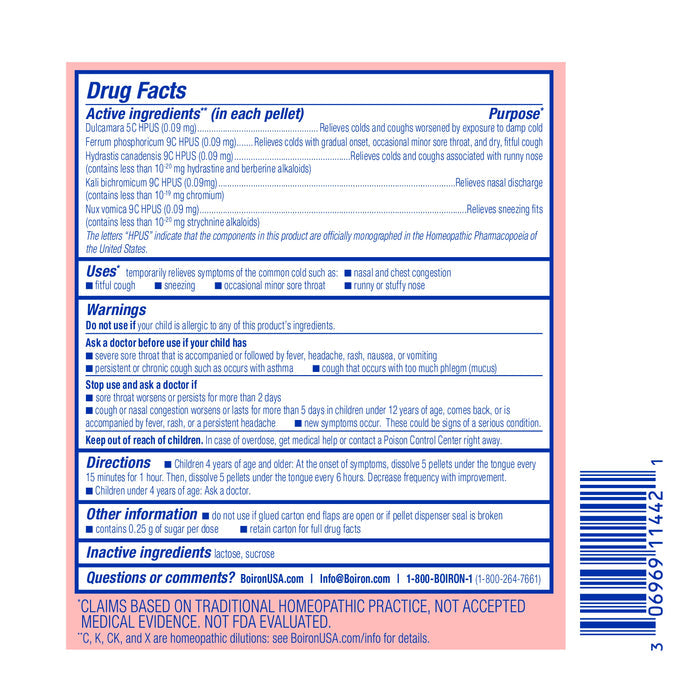 The Drug Facts label for Boiron Chestal Kids Cold & Cough Pellets, a homeopathic remedy for children, lists active ingredients like Allium cepa and Eupatorium perfoliatum, along with uses, warnings, directions, and contact details.