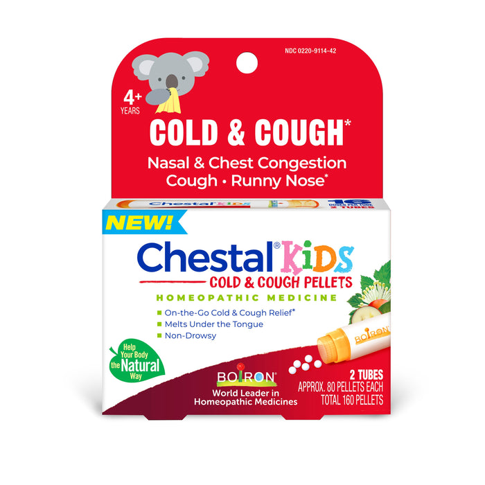 Front view of a box of Boiron Chestal Kids Cold & Cough Pellets, a homeopathic medicine for children ages 4+, offering non-drowsy relief from cough, nasal and chest congestion, and runny nose.