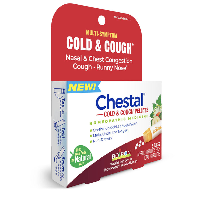 Boiron Chestal Kids Cold & Cough Pellets are a homeopathic, non-drowsy cold medicine for children that relieves nasal and chest congestion, cough, and runny nose. The package is white with green, red, and yellow accents.