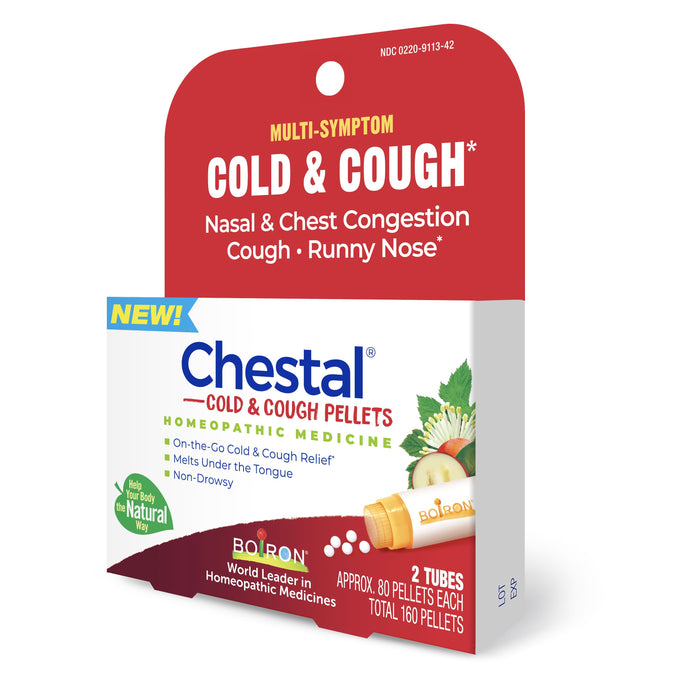 A box of Boiron Chestal Kids Cold & Cough Pellets, a non-drowsy homeopathic remedy for children’s nasal and chest congestion, contains two tubes of 80 pellets each in colorful packaging with product details.