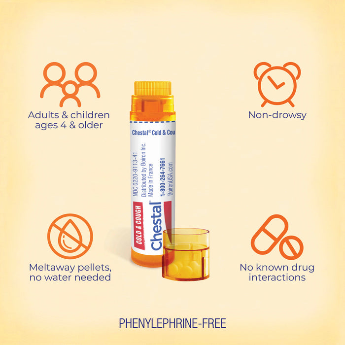 A bottle of Boiron Chestal Kids Cold & Cough Pellets with a small cup, plus icons for ages 4+, non-drowsy relief, no water needed, and no known drug interactions. Text notes it’s a phenylephrine-free homeopathic cold medicine for children.