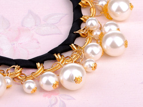 Classic And Pearls And Baubles Black Ribbon Necklace