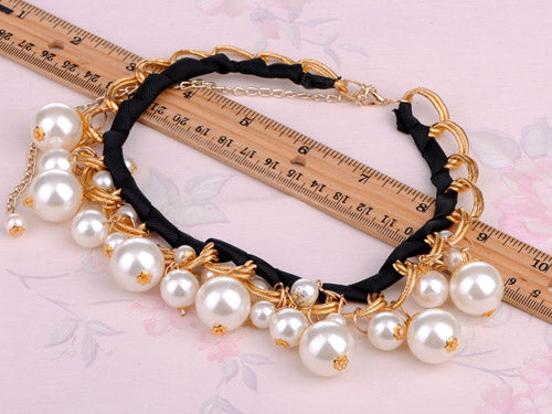 Classic And Pearls And Baubles Black Ribbon Necklace
