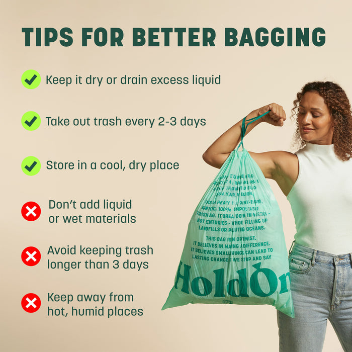 A woman flexes her arm holding HoldOn Bags’ Compostable Tall Kitchen Bags (13 gal, Unscented, BPA-free). Tips beside her: keep trash dry, empty every 2–3 days, store in a cool dry place—dos and don’ts clearly marked.