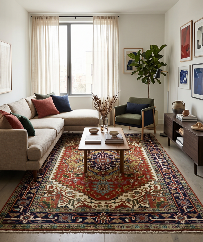 Hand-knotted wool area rug with blue, rust, and ivory Serapi-style geometric pattern