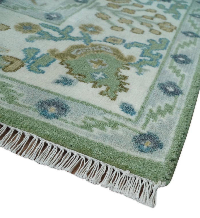 Custom Made Green, Ivory and Silver Traditional Turkish Hand Knotted Wool Rug - The Rug Decor