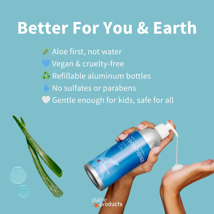 A hand dispenses Plaine Products Deep Conditioner from a silver, refillable aluminum bottle. Aloe leaves and gel highlight its aloe-first formula. This vegan, cruelty-free hair moisturizer is gentle for kids with no sulfates or parabens.
