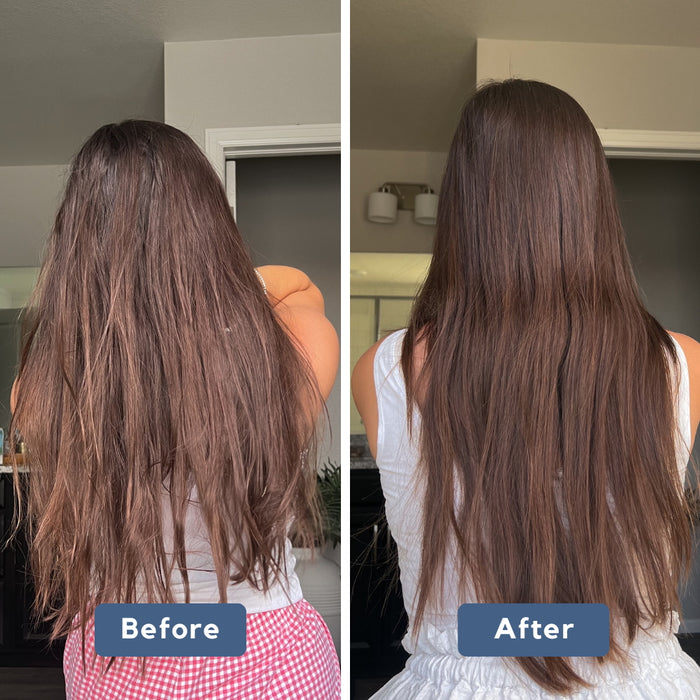 Side-by-side photos of a woman's long brown hair from the back: The "Before" shows frizzy, uneven hair; the "After" reveals smooth, shiny locks after using Plaine Products Deep Conditioner to restore strength.