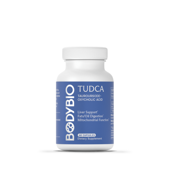 BodyBio TUDCA supplement bottle with blue label and white container for liver health and bile support
