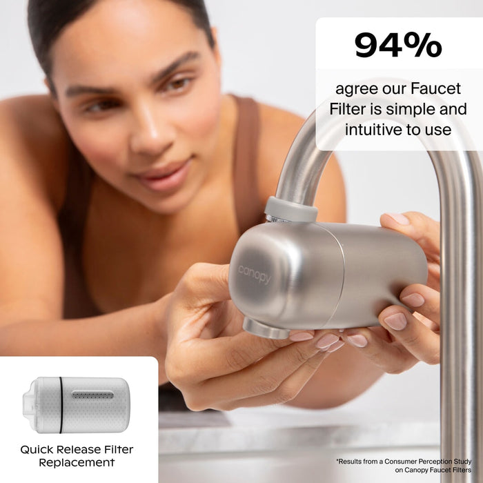 Faucet Filter | Lifestyle, Easy-to-install Faucet Filter with quick-release replacement system shown being attached to kitchen tap by Canopy