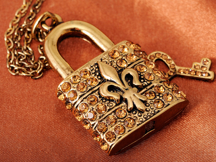 Fleur De Lis Locket Lock Key Topaz Pendant Necklace