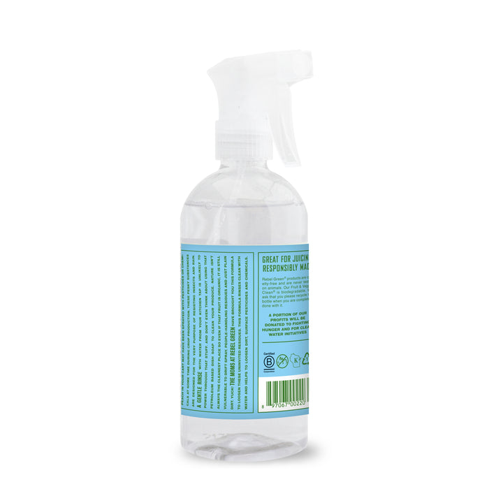 Rebel Green Fruit & Veggie Clean Produce Wash Spray comes in a clear plastic bottle with a white nozzle and blue-green label, partially filled with liquid. Designed to remove pesticides from produce, it's shown against a plain white background.