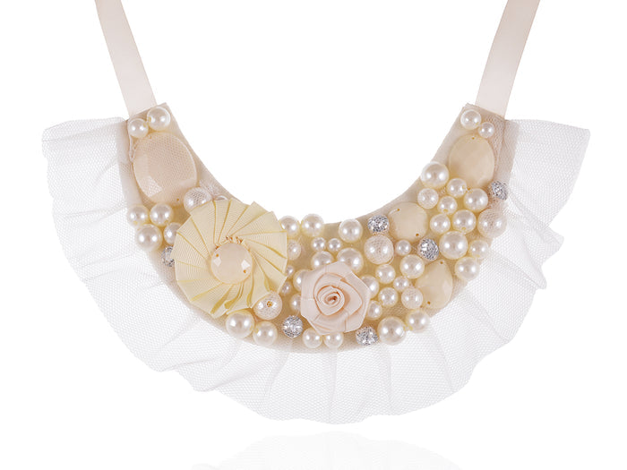 Ivory White Lolita Bridal Floral Pearl Beaded Fabric Ribbon Bib Necklace - ALILANG.COM