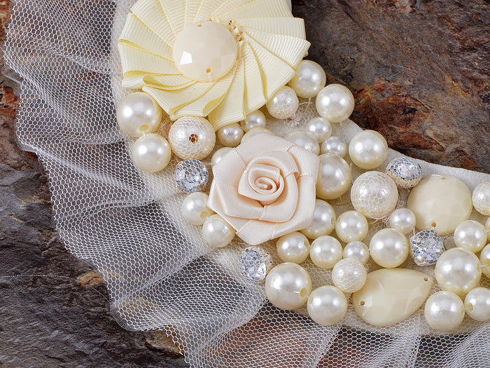 Ivory White Lolita Bridal Floral Pearl Beaded Fabric Ribbon Bib Necklace - ALILANG.COM