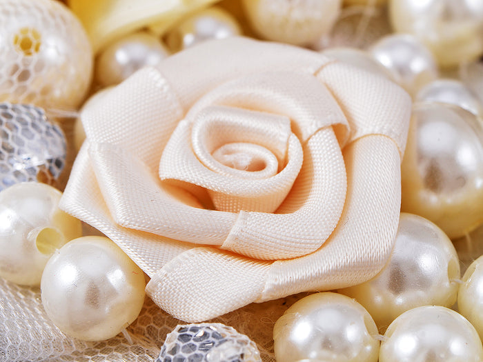 Ivory White Lolita Bridal Floral Pearl Beaded Fabric Ribbon Bib Necklace - ALILANG.COM