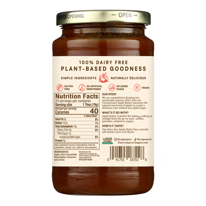 Langer Farms Unsweetened Apple Butter, 16oz, Dairy Free