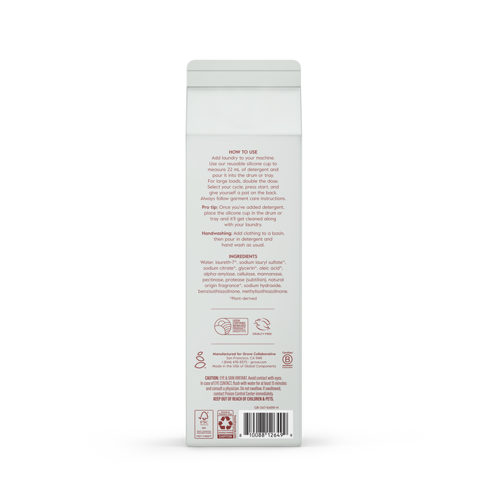 Back of Grove Co. Laundry Detergent – 5-in-1 Enzyme Stain Fighting Power bottle with usage instructions, ultra-concentrated enzyme formula, manufacturer details, recycling symbols, muted brown text, and a barcode at the bottom.