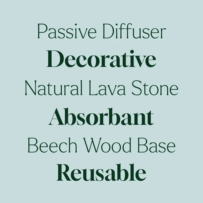 Text on a pale green background reads: Lava Rock Passive Diffuser by Plant Therapy – Decorative Natural Lava Stone, Absorbent Beech Wood Base, Reusable. With Decorative, Absorbent, and Reusable in bold. Perfect for gently diffusing essential oils, this passive diffuser from Plant Therapy adds an elegant and functional touch to any space.