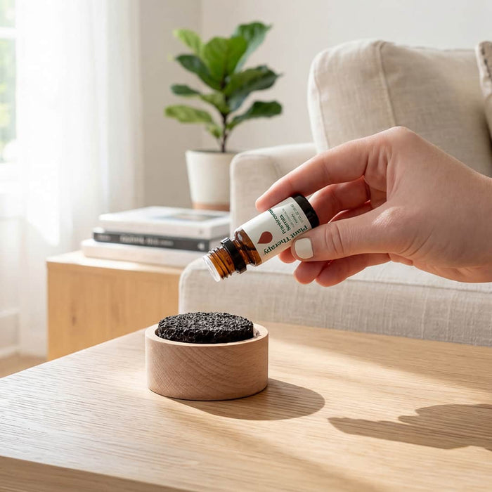 A hand pours essential oils from a small amber bottle onto the Plant Therapy Lava Rock Passive Diffuser, which rests in a wooden dish on a light wood table in a bright, modern living room featuring a sofa, books, and a potted plant in the background.